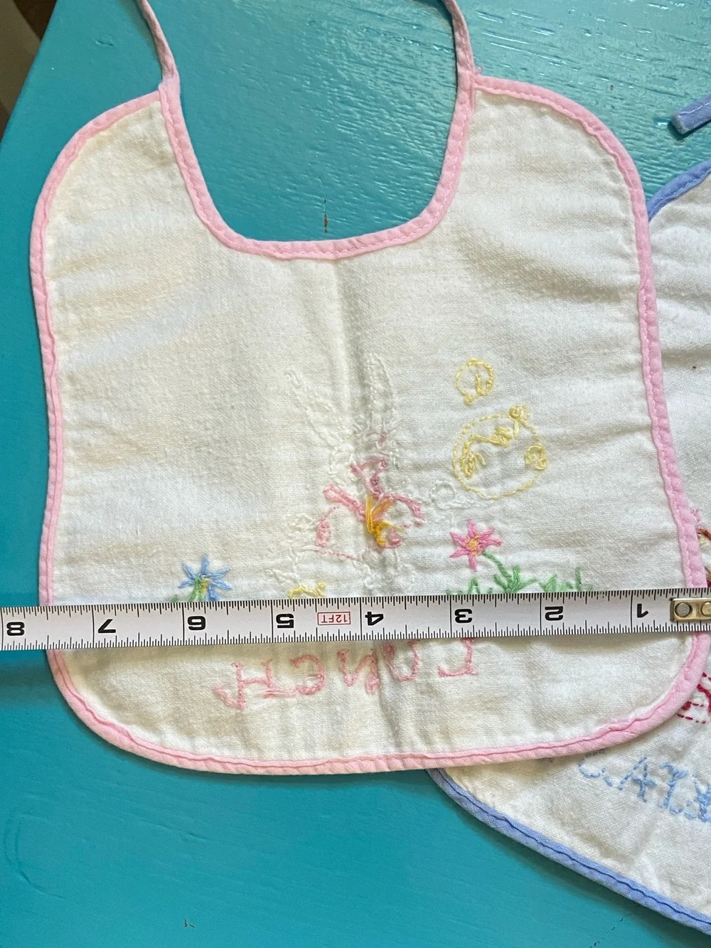 Embroidered Baby Bibs Vintage in Pink & Blue Trim with Bunny and Kitty and Puppy